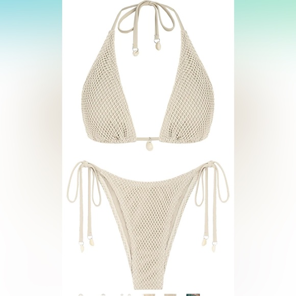 ZAFUL Women's Triangle Bikini Multiway Fishnet String Bikini Set beige cream - Picture 2 of 7